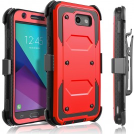 Samsung Galaxy J7 Prime, Galaxy On7 Case, [SUPER GUARD] Dual Layer Protection With [Built-in Screen Protector] Holster Locking Belt Clip+Circle(TM) Stylus Touch Screen Pen (Red)